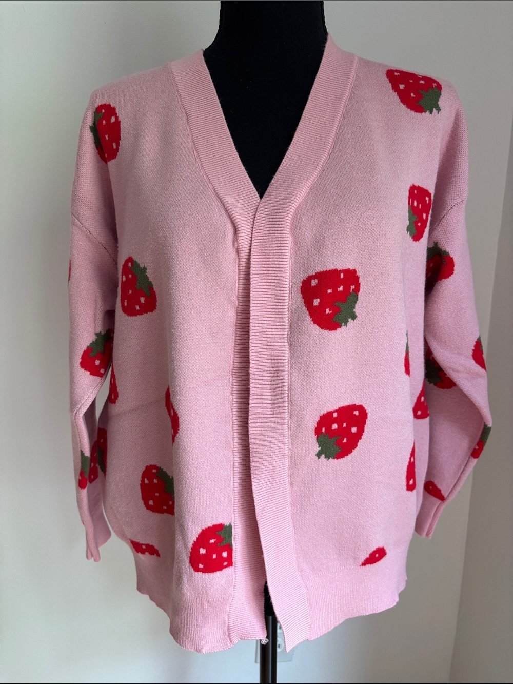 Adorable, soft and warm strawberry open front cardigan, pink and red small